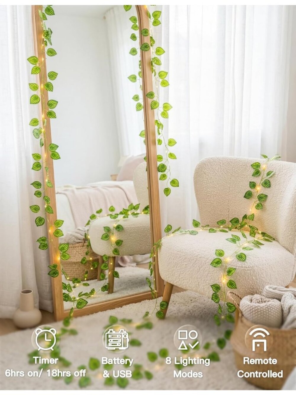 New 33ft 100 LED Watermelon Leaf Fairy Lights with Remote USB Battery Vine Decor - Picture 2 of 7